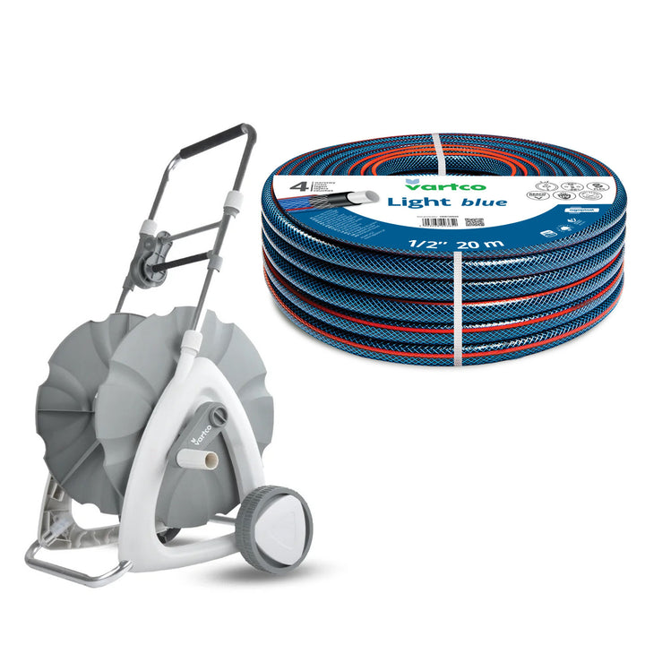 Carrito para manguera de jardín de 1/2" y 45 m + Manguera de jardín Vartco Light Blue de 1/2" y 20 m de Agaplast