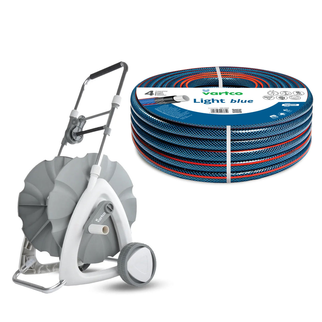 Carrito para manguera de jardín de 1/2" y 45 m + Manguera de jardín Vartco Light Blue de 1/2" y 30 m de Agaplast