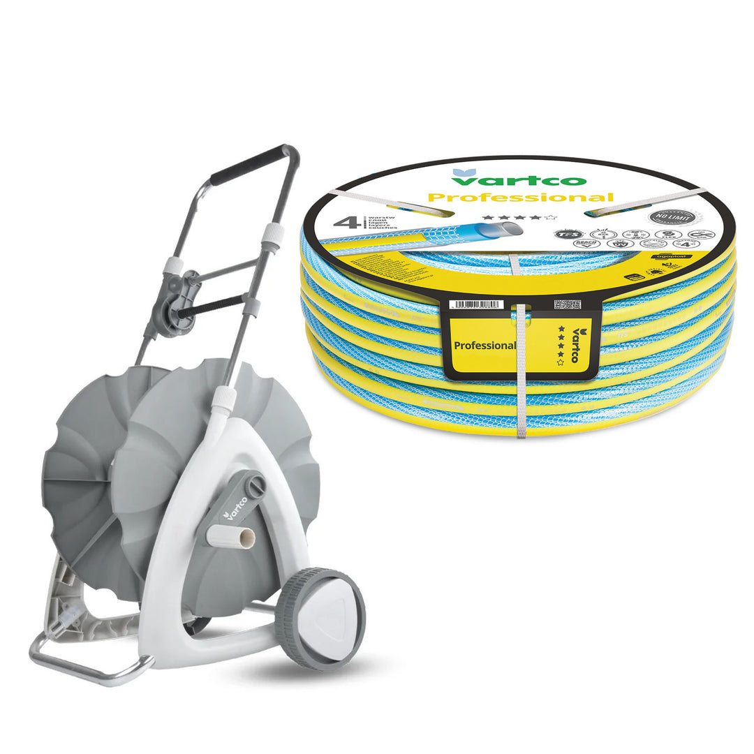 Carrito para manguera de jardín de 1/2" y 45 m + Manguera de jardín Vartco Professional de 1/2" y 30 m de Agaplast