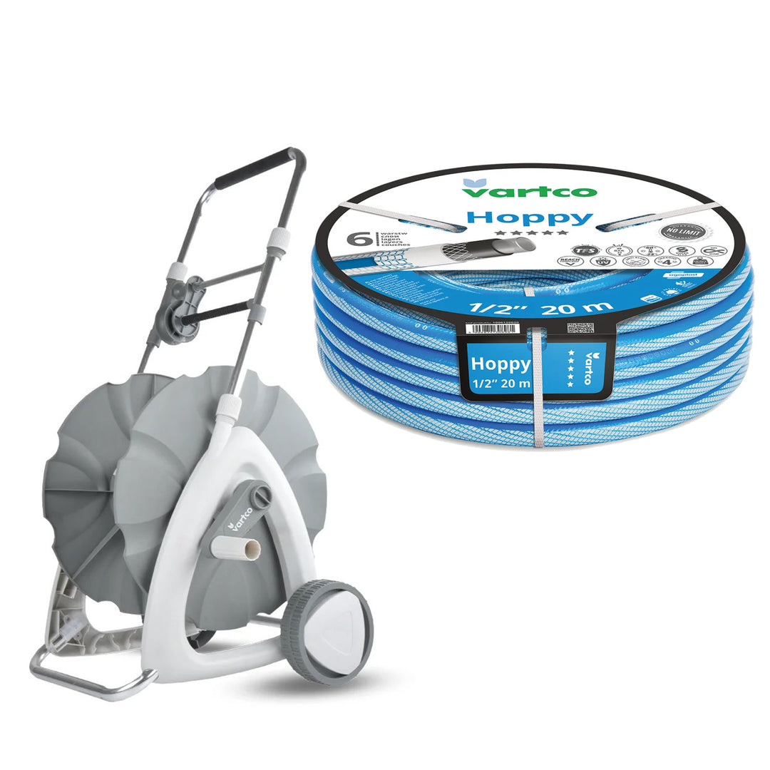 Carrito para manguera de jardín + manguera de jardín Vartco Hoppy de 1/2" y 20 m de Agaplast