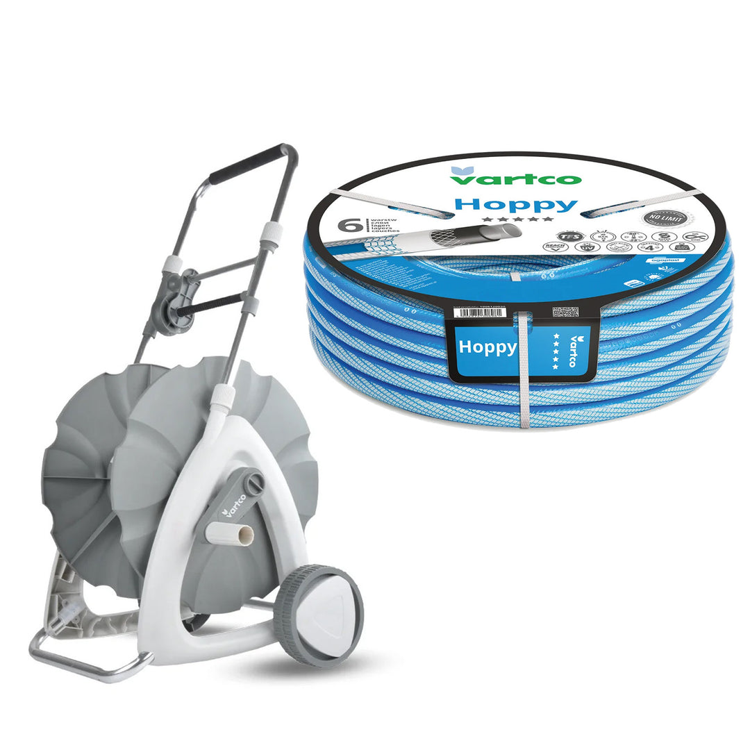 Carrito para manguera de jardín + manguera de jardín Vartco Hoppy de 1/2" y 30 m de Agaplast