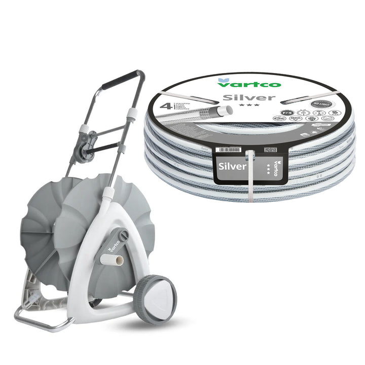 Carrito para manguera de jardín + manguera de jardín Vartco Silver de 1/2" y 30 m de Agaplast