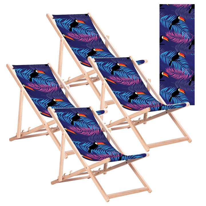 Tumbona clásica de haya GreenBlue GB183 con estampado de tucán, 4 unidades