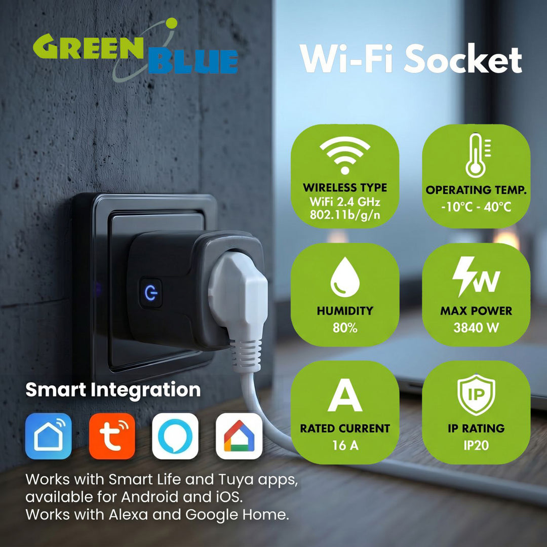 Enchufe WiFi GreenBlue con control remoto, compatible con Android/iOS/Alexa/Google Home, temporizador, medidor de potencia, máx. 16 A/3840 W, GB735 B, 3 unidades