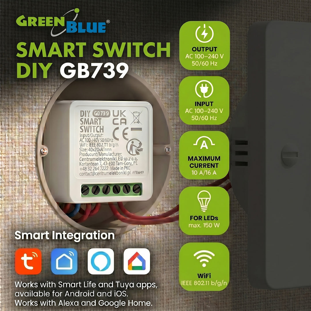 Relé WiFi empotrable GreenBlue, Android/iOS/Alexa/Google Home, 100-240 V CA, 50/60 Hz, máx. 16 A, para LED de 150 W, GB739, 3 unidades