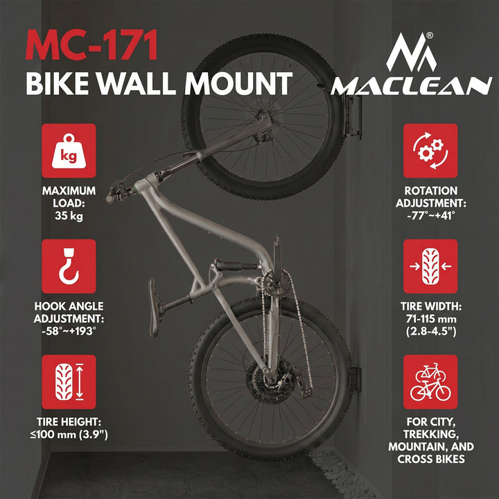 Soporte de pared para bicicletas Maclean, carga máxima de 35 kg, ángulo de inclinación ajustable, acero, MC-171, 2 unidades