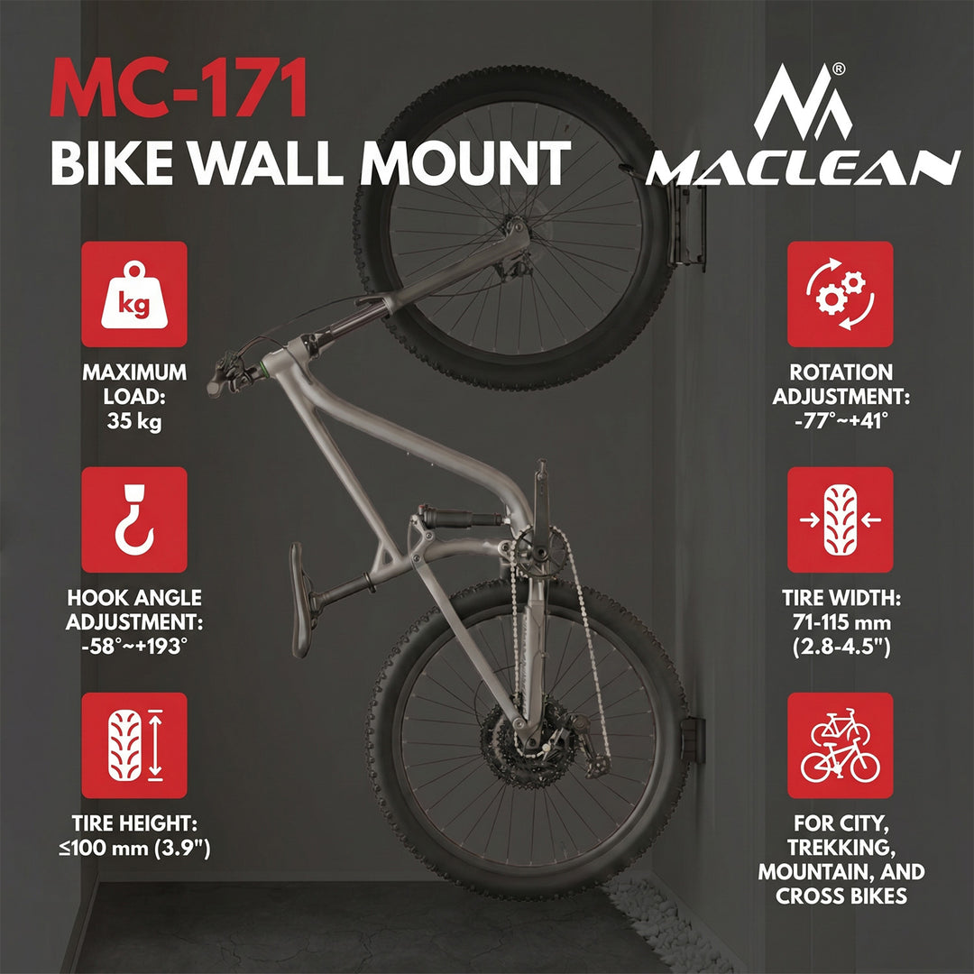 Soporte de pared para bicicletas Maclean, carga máxima de 35 kg, ángulo de inclinación ajustable, acero, MC-171, 4 unidades