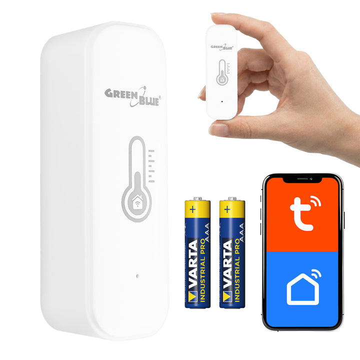 Sensor de temperatura y humedad WiFi GreenBlue, Android/iOS/Alexa/Google Home, 3,0 V CC, LR03x2, GB737 + 2 pilas R-03 LR03 AAA alcalinas Varta Industrial 4003