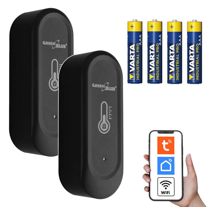 Sensor externo de temperatura y humedad WiFi GreenBlue, Android/iOS, 3,0 V CC, LR03x2, IP65, GB741, 2 unidades + 4 pilas alcalinas AAA Varta Industrial 4003