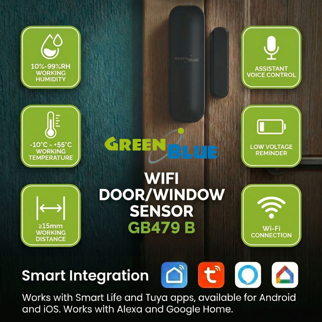Contactor inalámbrico / sensor de apertura WiFi GreenBlue, Android/iOS, para puertas / ventanas, 3,0 V CC, LR03x2, GB479 B, 2 unidades + 4 pilas alcalinas AAA Varta Industrial 4003