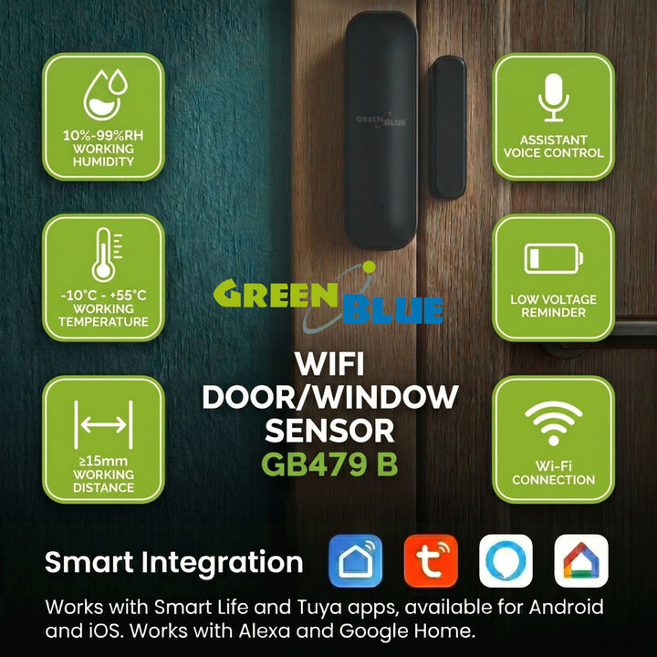 Contactor inalámbrico / sensor de apertura WiFi GreenBlue, Android/iOS, para puertas / ventanas, 3,0 V CC, LR03x2, GB479 B, 2 unidades + 4 pilas alcalinas AAA Varta Industrial 4003