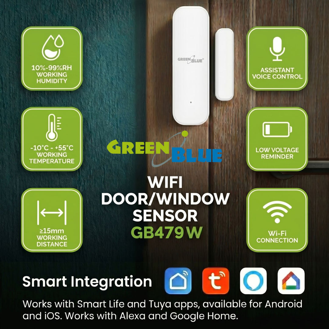 Contactor inalámbrico / sensor de apertura WiFi GreenBlue, Android/iOS, para puertas / ventanas, 3,0 V CC, LR03x2, GB479 W + 2 pilas R-03 LR03 AAA alcalinas Varta Industrial 4003