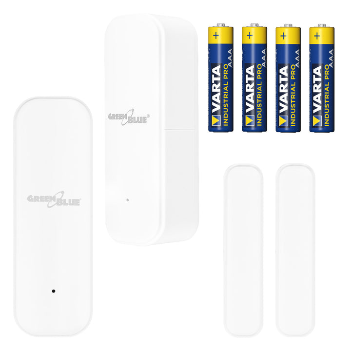 Contactor inalámbrico / sensor de apertura WiFi GreenBlue, Android/iOS, para puertas / ventanas, 3,0 V CC, LR03x2, GB479, 2 unidades + 4 pilas alcalinas AAA Varta Industrial 4003