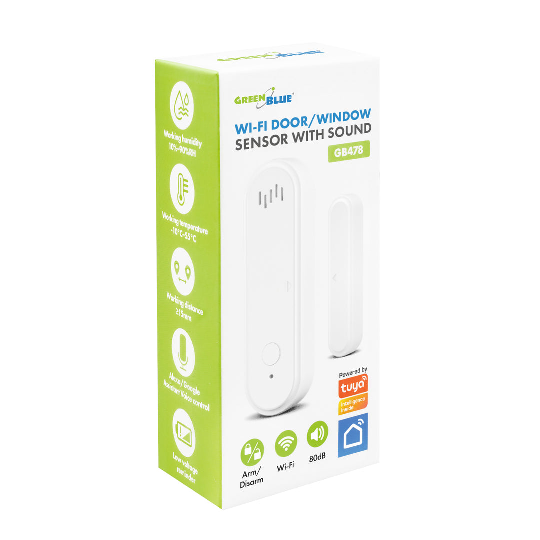 Contactor inalámbrico / sensor de apertura WiFi GreenBlue, Android/iOS, para puertas / ventanas, 3,0 V CC, LR03x2, con alarma, GB478 + 2 pilas R-03 LR03 AAA alcalinas Varta Industrial 4003