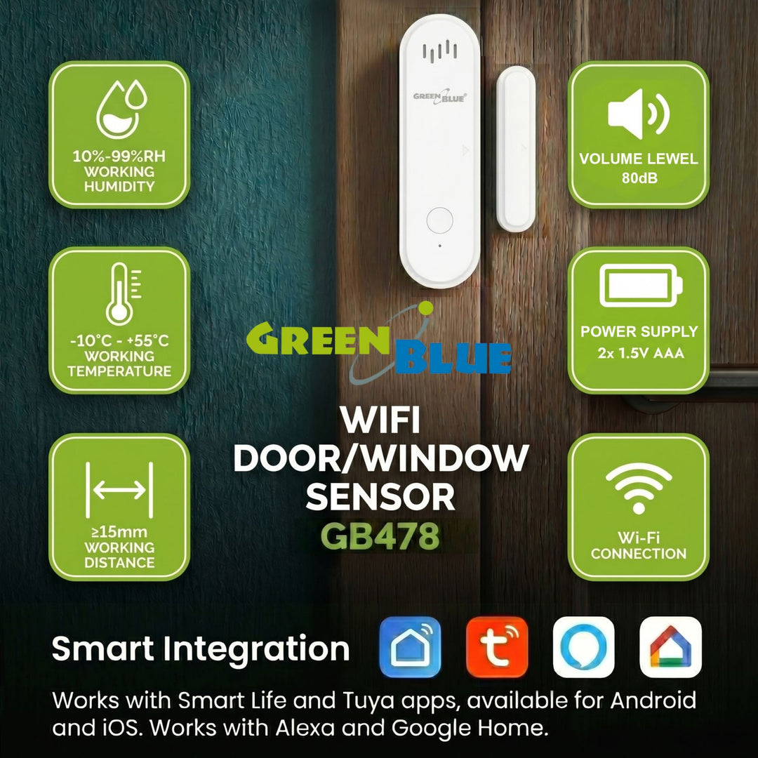 Contactor inalámbrico / sensor de apertura WiFi GreenBlue, Android/iOS, para puertas / ventanas, 3,0 V CC, LR03x2, con alarma, GB478 + 2 pilas R-03 LR03 AAA alcalinas Varta Industrial 4003