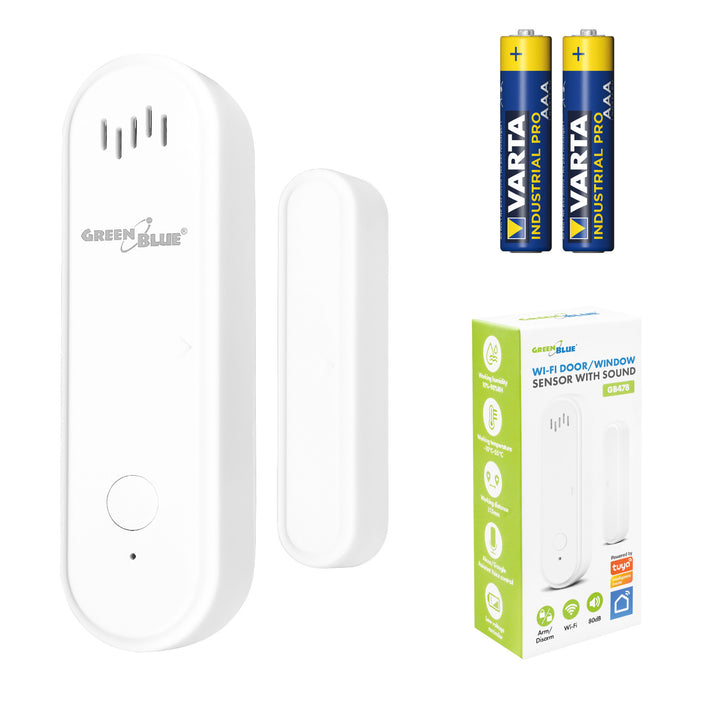 Contactor inalámbrico / sensor de apertura WiFi GreenBlue, Android/iOS, para puertas / ventanas, 3,0 V CC, LR03x2, con alarma, GB478 + 2 pilas R-03 LR03 AAA alcalinas Varta Industrial 4003