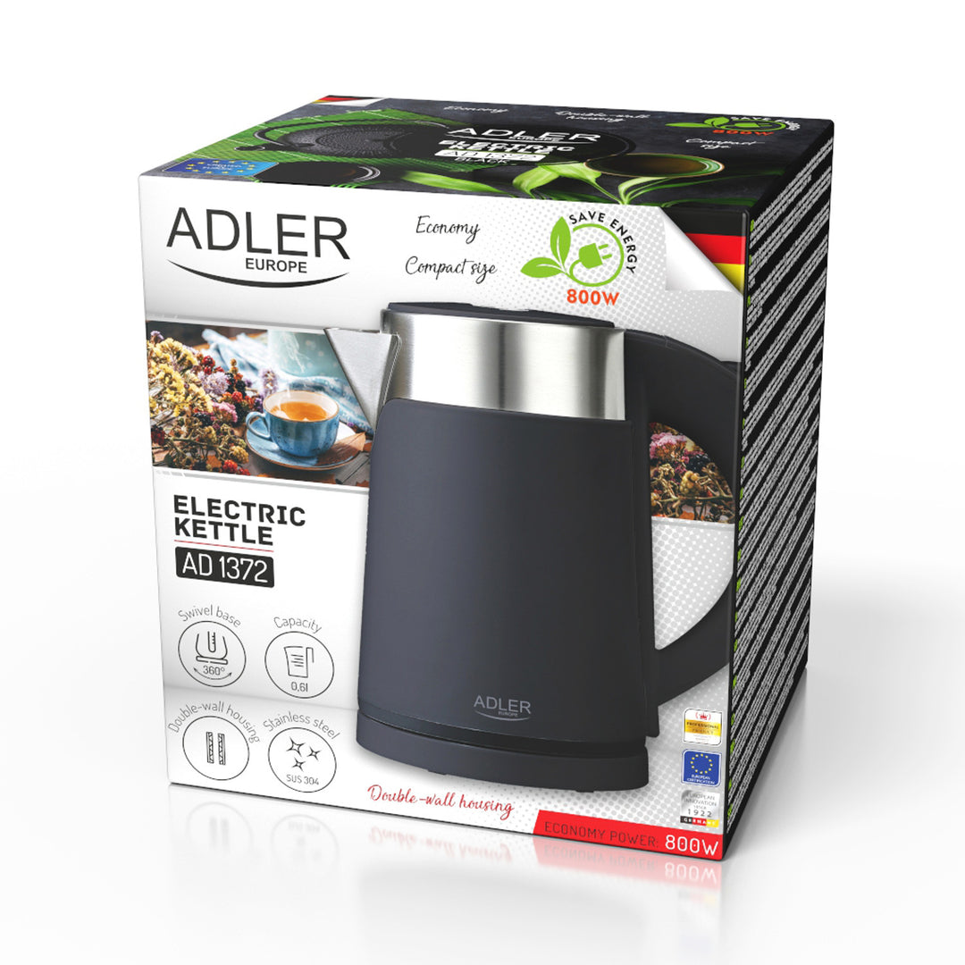 Hervidor eléctrico Adler, de metal, 0,6 l, silencioso, potencia de 800 W, negro. AD 1372