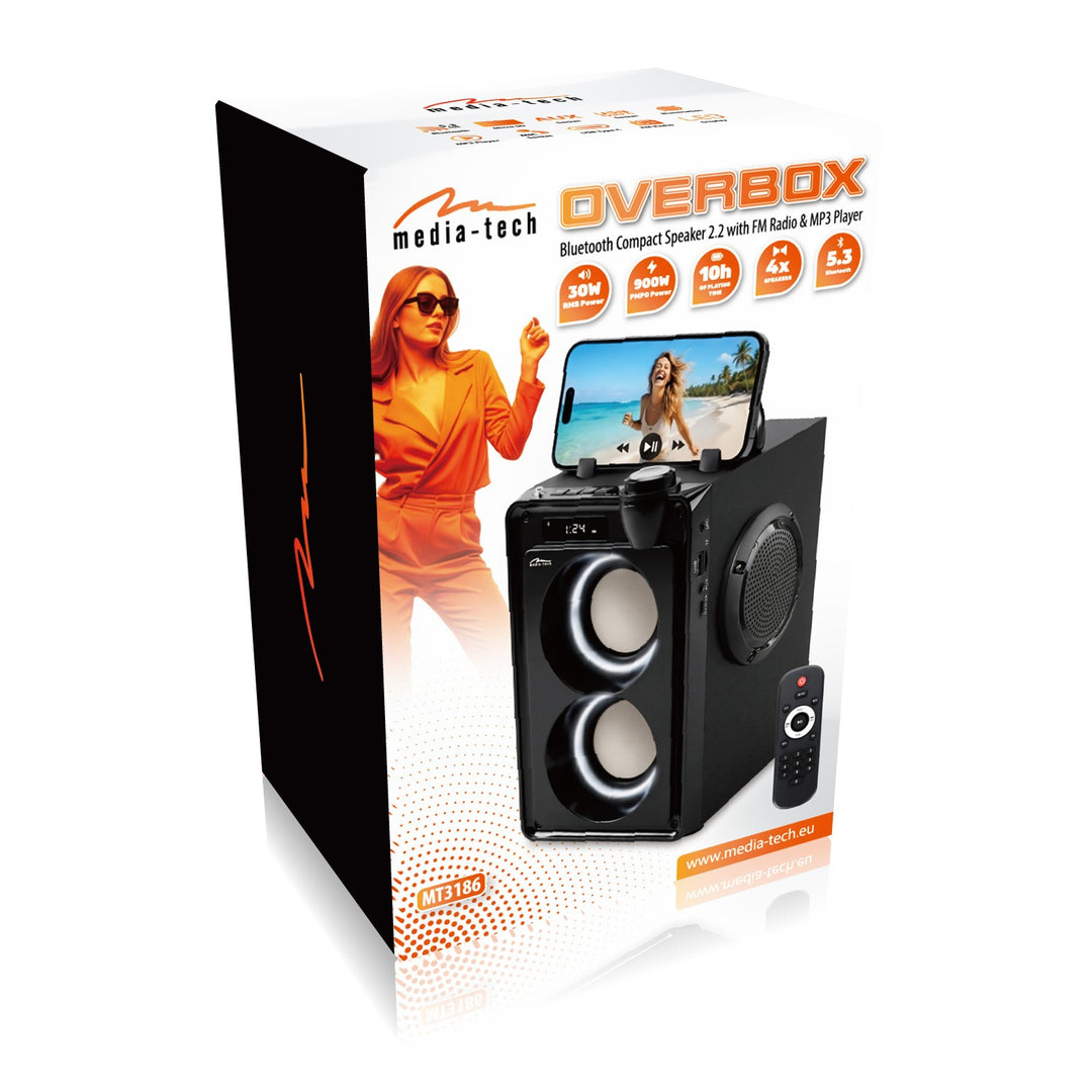 Altavoz Bluetooth portátil OVERBOX MT3186, radio FM, compatible con tarjetas SD y USB, potencia RMS de 30 W, Mediatech