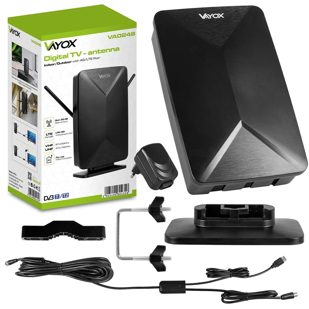 Antena activa, de interior, de exterior, DVB-T2, televisión terrestre 4K, Vayox