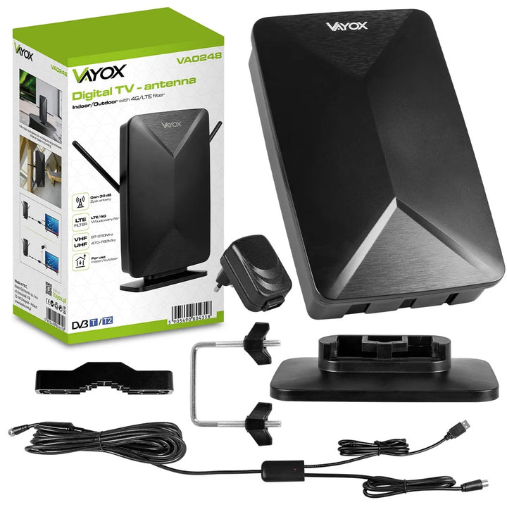 Antena activa, de interior, de exterior, DVB-T2, televisión terrestre 4K, Vayox