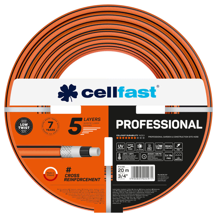 Manguera de jardín Cellfast, PROFESSIONAL 3/4" 20 m + Carrito para manguera Cellfast Aluplus 1/2" 60 m + Juego con aspersor recto 3/4" IDEAL