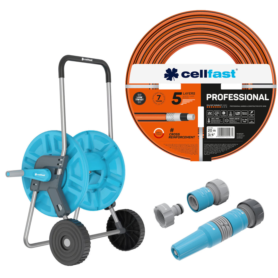 Manguera de jardín Cellfast, PROFESSIONAL 3/4" 20 m + Carrito para manguera Cellfast Aluplus 1/2" 60 m + Juego con aspersor recto 3/4" IDEAL