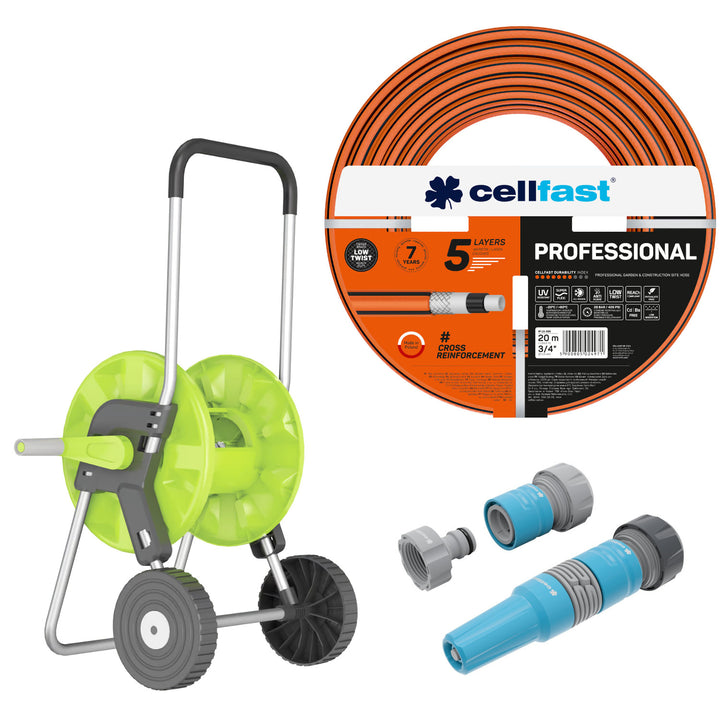Manguera de jardín Cellfast, PROFESSIONAL 3/4" 20 m + Carrito para manguera Cellfast Economic 1/2" 45 m + Juego con aspersor recto 3/4" IDEAL