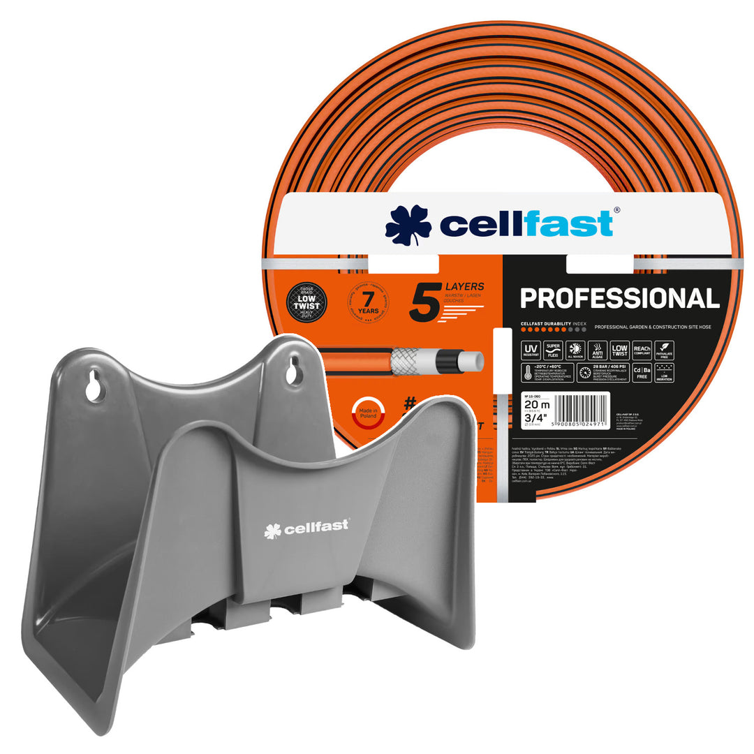 Manguera de jardín Cellfast, PROFESSIONAL 3/4" 20 m + soporte para manguera Cellfast gris