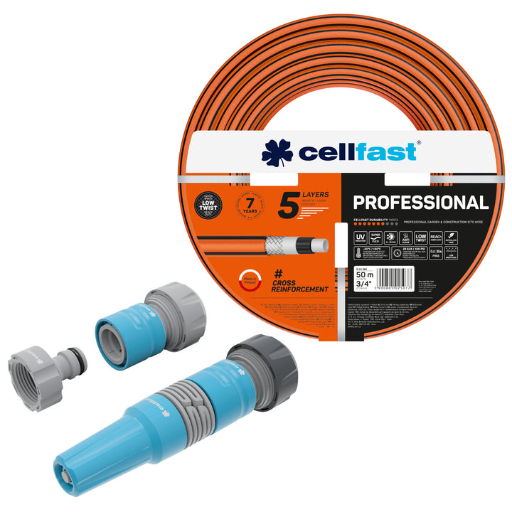 Manguera de jardín Cellfast, PROFESSIONAL 3/4" 50 m + Juego con aspersor recto 3/4" IDEAL