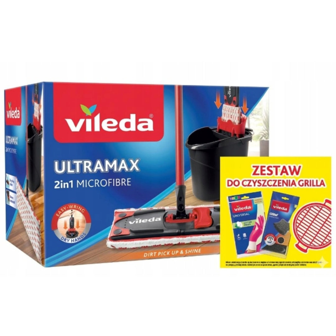 Set de mopa plana Ultramax + guantes Universal + estropajos Glitzi (2 uds.) de Vileda, sistema de escurrido sin contacto, dos tipos de fibras, 177453