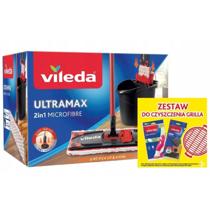 Set de mopa plana Ultramax + guantes Universal + estropajos Glitzi (2 uds.) de Vileda, sistema de escurrido sin contacto, dos tipos de fibras, 177453