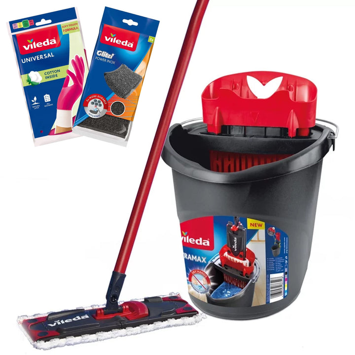 Set de mopa plana Ultramax + guantes Universal + estropajos Glitzi (2 uds.) de Vileda, sistema de escurrido sin contacto, dos tipos de fibras, 177453