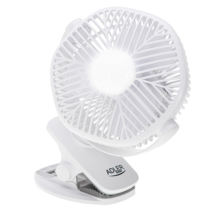 Ventilador a batería de 5"/12,7 cm con clip - USB / LED, AD 7335, Adler
