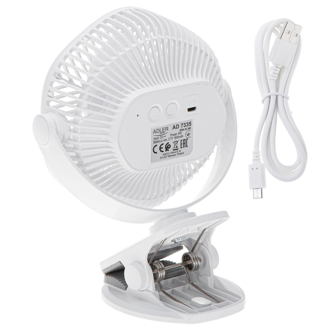 Ventilador a batería de 5"/12,7 cm con clip - USB / LED, AD 7335, Adler