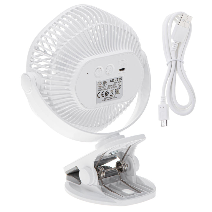 Ventilador a batería de 5"/12,7 cm con clip - USB / LED, AD 7335, Adler