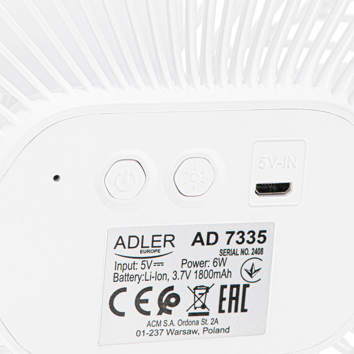 Ventilador a batería de 5"/12,7 cm con clip - USB / LED, AD 7335, Adler