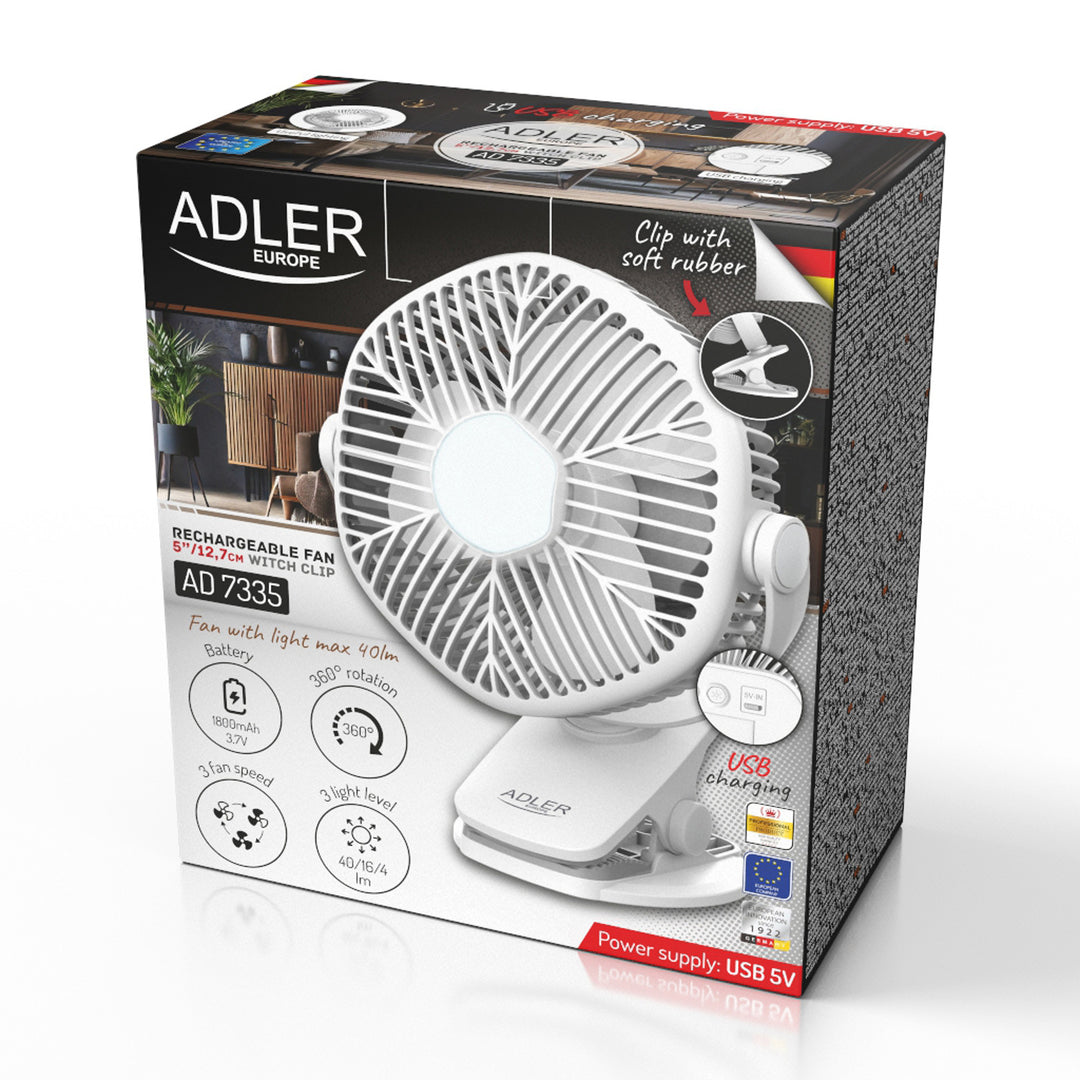 Ventilador a batería de 5"/12,7 cm con clip - USB / LED, AD 7335, Adler