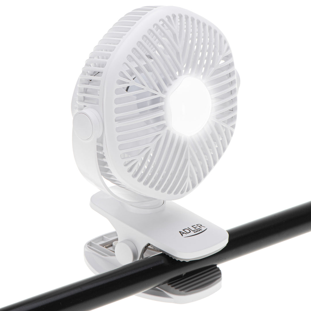 Ventilador a batería de 5"/12,7 cm con clip - USB / LED, AD 7335, Adler