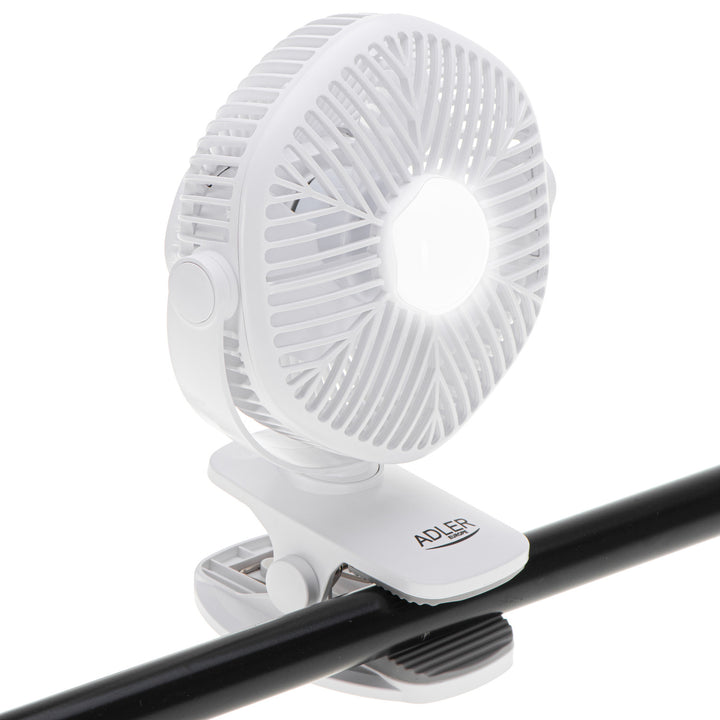 Ventilador a batería de 5"/12,7 cm con clip - USB / LED, AD 7335, Adler