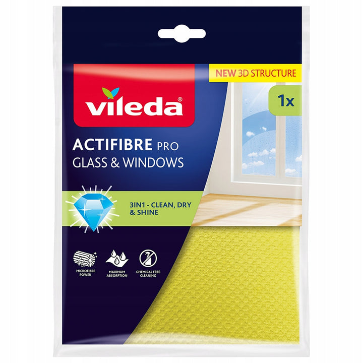 Paño Vileda Actifibre Pro para cristales y ventanas, apto para lavadora, revestimiento de PVA, sin marcas ni manchas, limpia solo con agua, 183298
