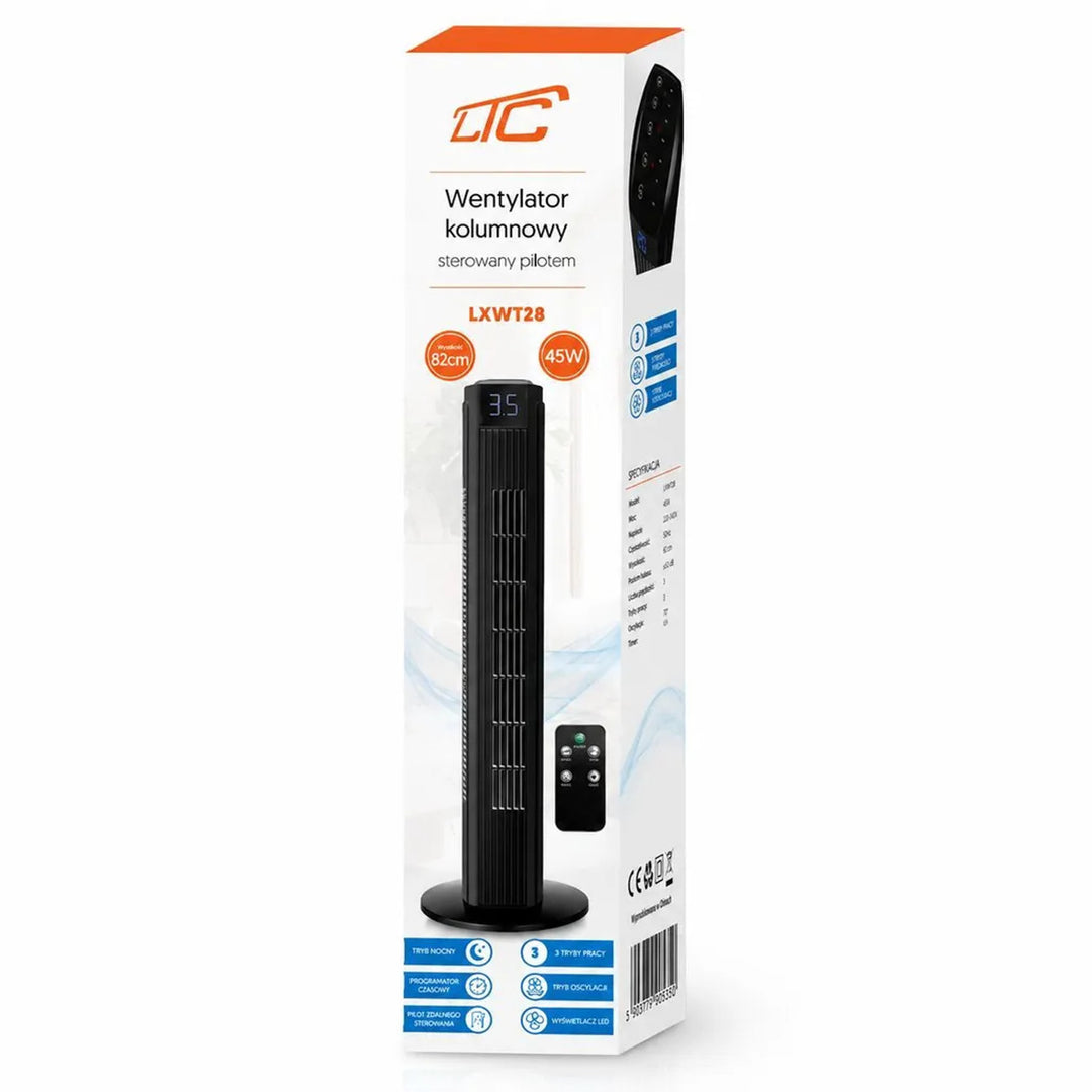 Ventilador de columna LTC, pantalla grande, temporizador integrado, varios modos de funcionamiento, mando a distancia con alcance de hasta 16 m, potencia de 45 W, LXWT28