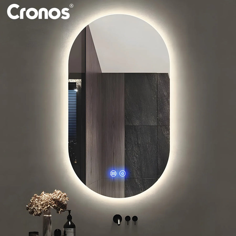 Espejo calefactado Cronos, ovalado, 50 x 80 cm, LED en tres colores, protección IP44, sistema antivaho
