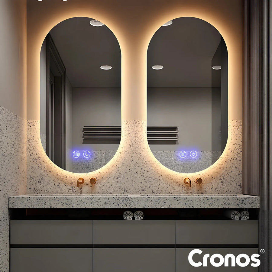 Espejo calefactado Cronos, ovalado, 50 x 80 cm, LED en tres colores, protección IP44, sistema antivaho