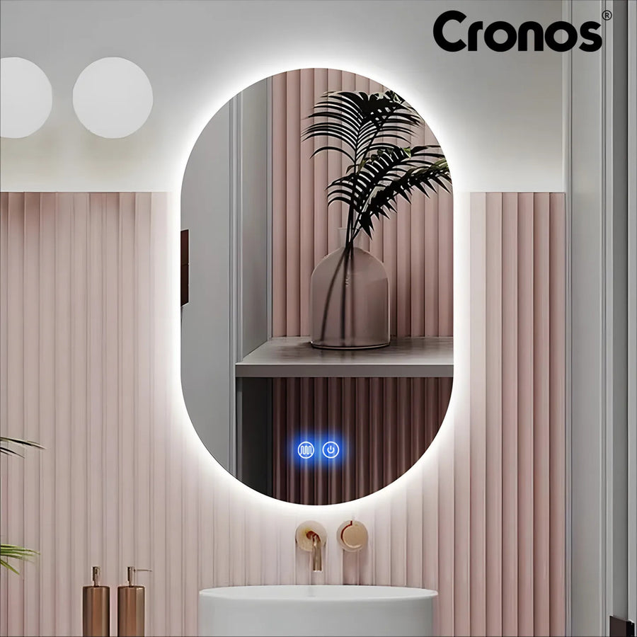 Espejo calefactado Cronos, ovalado, 50 x 80 cm, LED en tres colores, protección IP44, sistema antivaho