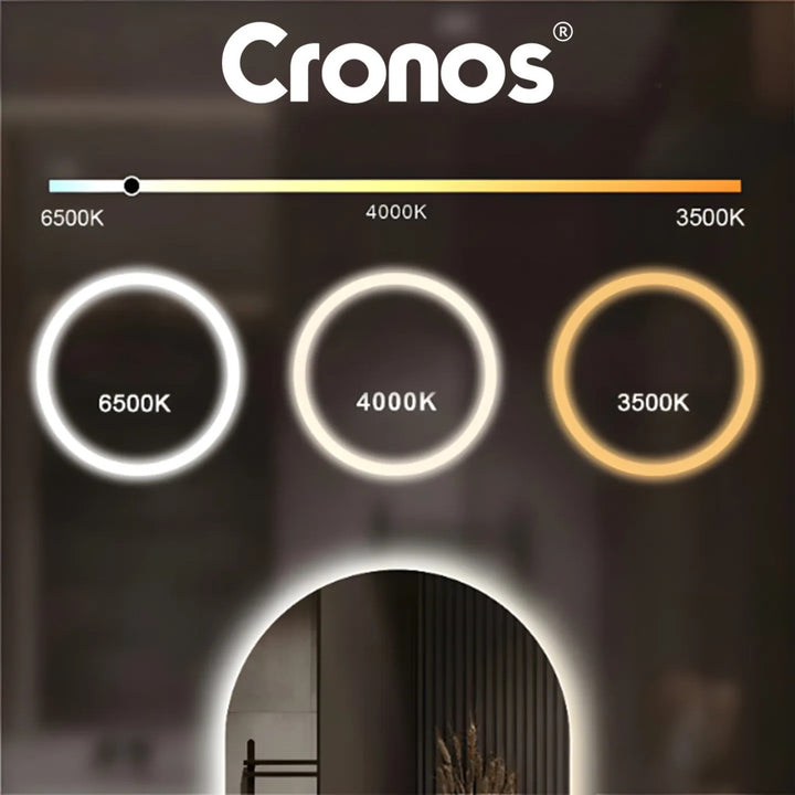 Espejo calefactado Cronos, ovalado, 50 x 80 cm, LED en tres colores, protección IP44, sistema antivaho