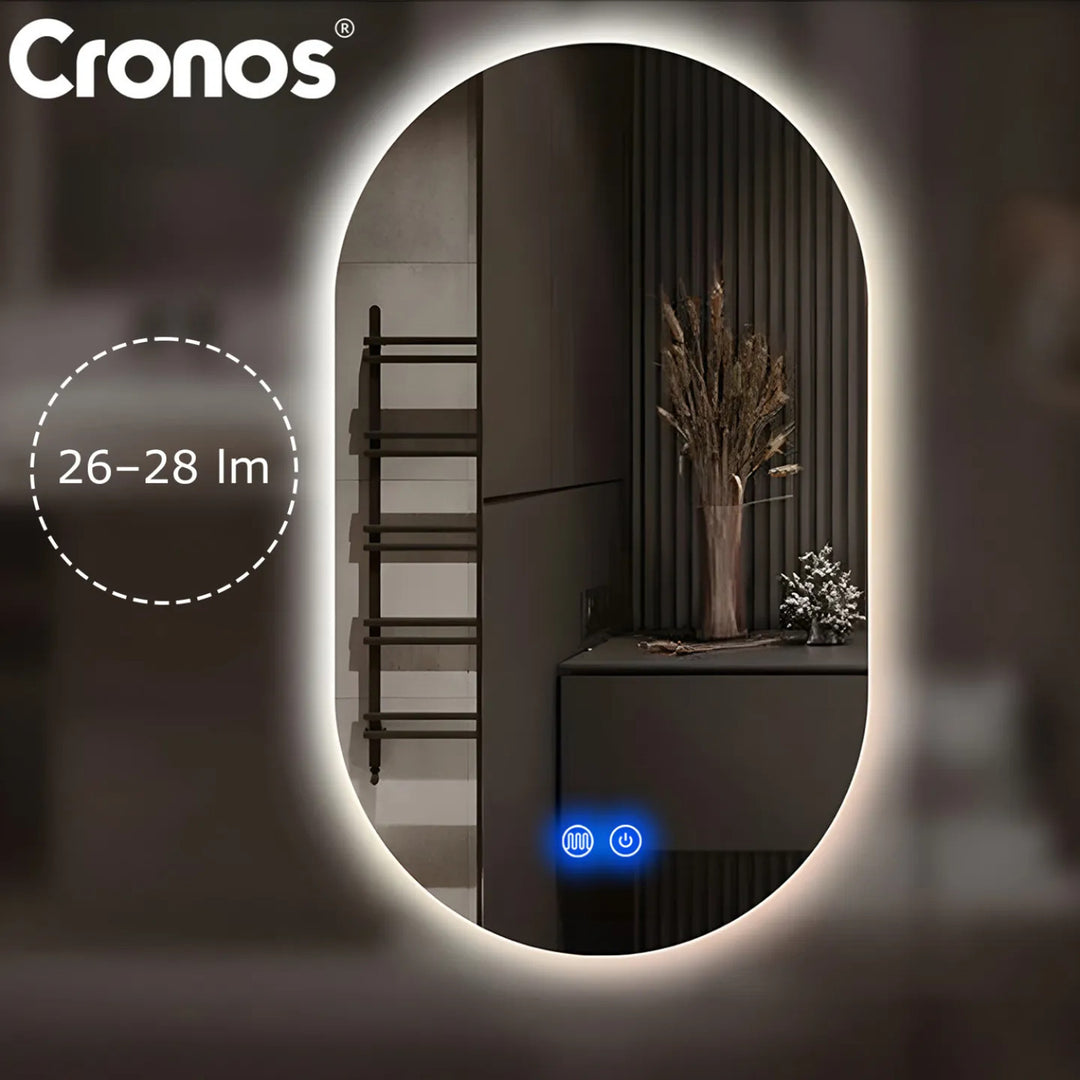 Espejo calefactado Cronos, ovalado, 50 x 80 cm, LED en tres colores, protección IP44, sistema antivaho