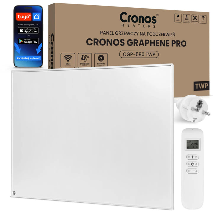 Panel calefactor por infrarrojos Cronos Graphene, potencia de 580 W, color blanco, calienta estancias de hasta 16 m², mando a distancia, PRO CGP-580TWP