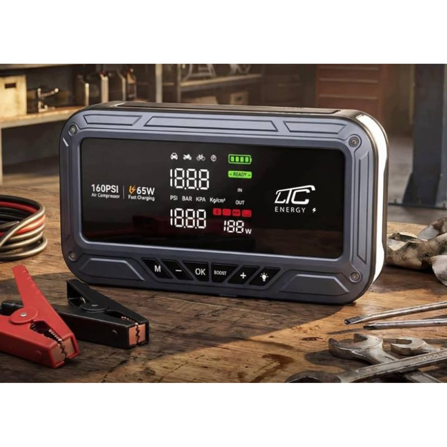 Arranque de emergencia LTC, 12 000 mAh, con compresor, linterna y batería externa, pantalla LCD, potencia de 65 W, cables y funda incluidos, LXJS120