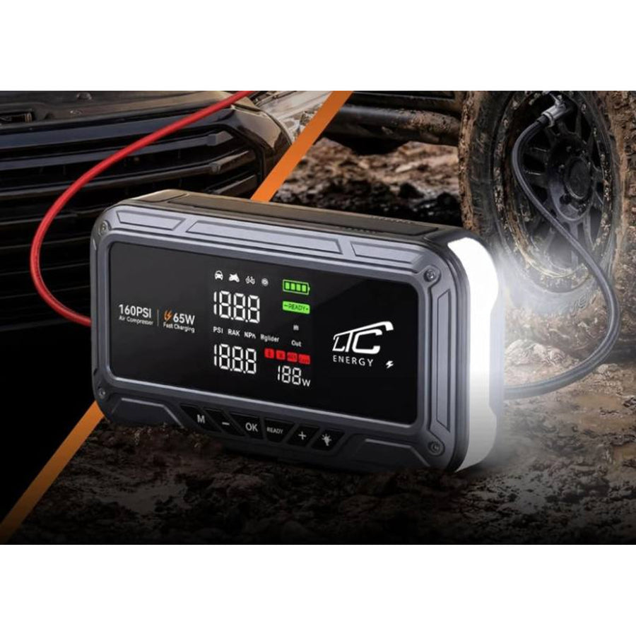 Arranque de emergencia LTC, 12 000 mAh, con compresor, linterna y batería externa, pantalla LCD, potencia de 65 W, cables y funda incluidos, LXJS120