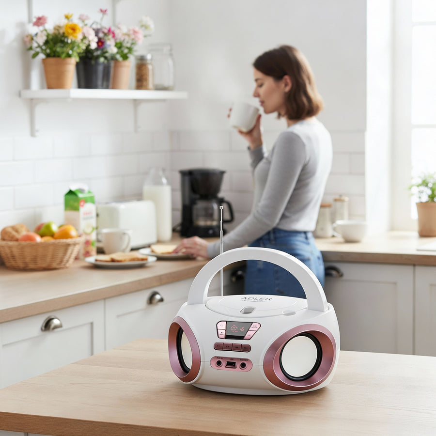 Radio Boombox con CD-MP3, USB, radio FM, AUX, toma para auriculares, Adler, AD 1181
